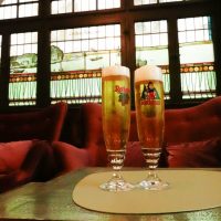 Beer in a hotel with amazing stained glass