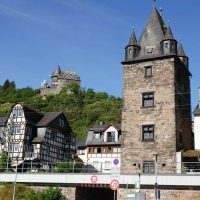 Town gate, with castle youth hostel in the background